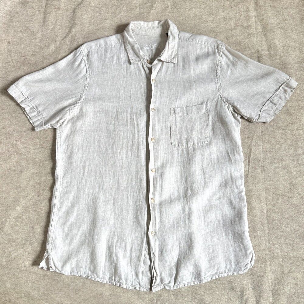 Tasso Elba 100% linen button front shirt mens L beige short sleeve beachy